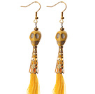 China Style Dyed Yellow Turquoise Skull and Yellow Thread Tassel Long Dangle Earrings