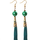 China Style Round Green Seashell and Green Thread Tassel Long Dangle Earrings