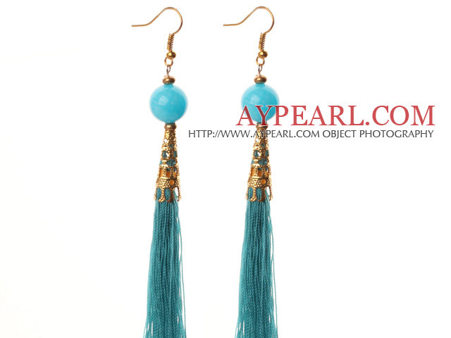 China Style Lake Blue Candy Jade and Blue Thread Tassel Long Dangle Earrings
