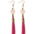 Wholesale China Style Rose Quartz and Hot Pink Thread Tassel Long Dangle Earrings