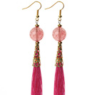 Wholesale China Style Faceted Cherry Quartz and Hot Pink Thread Tassel Long Dangle Earrings