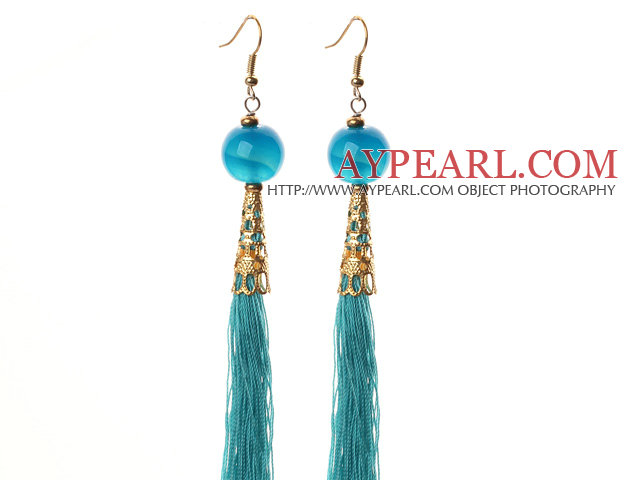 China Style Blue Agate and Blue Thread Tassel Long Dangle Earrings