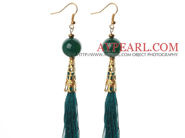 China Style Round Green Agate and Green Thread Tassel Long Dangle Earrings