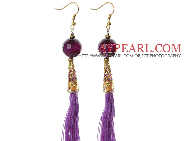 China Style Faceted Purple Agate and Purple Thread Tassel Long Dangle Earrings