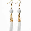 China Style White Porcelain Stone and White Thread Tassel Long Dangle Earrings