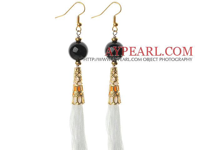 China Style Black Agate and White Thread Tassel Long Dangle Earrings