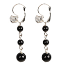 Wholesale Beautiful Long Style Graduated Black Agate Beads Dangle Earrings With Rhinestone Hook