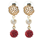 White Freshwater Pearl and Red Rhinestone Ball Dangle Studs Earrings