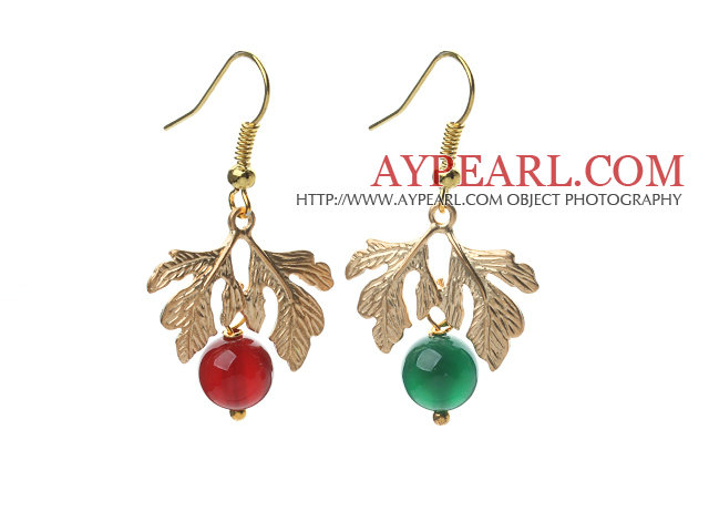 2014 Christmas Design Green Agate and Carnelian Earrings with Golden Color Tree Shape Accessories