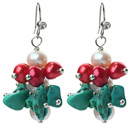 New Design White Freshwater Pearl and Red Pearl and Turquoise Chips Cluster Earrings