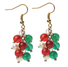 Wholesale 2014 Christmas Design 5-6mm White Pearl and Green Agate and Carnelian Earrings