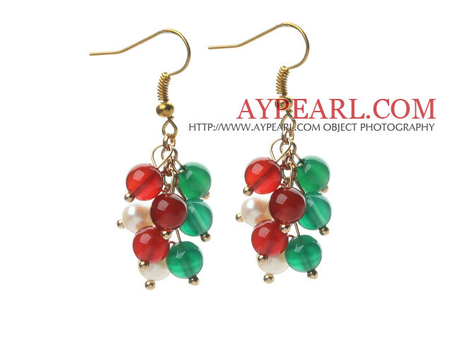 2014 Christmas Design 5-6mm White Pearl and Green Agate and Carnelian Earrings