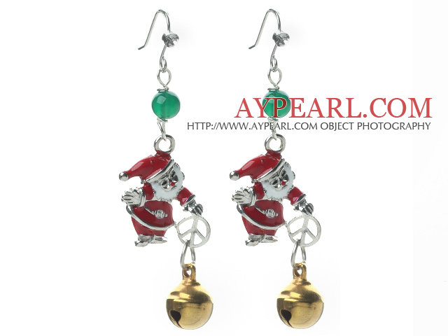 2014 Christmas Design Green Agate and Bell and Santa Claus Charm Earrings
