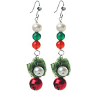2014 Christmas Design White Pearl and Green Agate and Carnelian and Bell Dangle Earrings