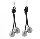 Classic Design 10-11mm Gray Freshwater Pearl and Black Leather Dangle Earrings