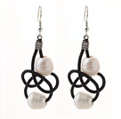 Elegant Style 10-11mm White Freshwater Pearl and Black Leather Earrings