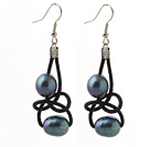 Elegant Style 10-11mm Black Freshwater Pearl and Black Leather Earrings