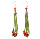 2014 Christmas Design Green Glass Beads and Red Crystal Tassel Dangle Earrings