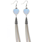 Wholesale Long Style Heart Shape Opal Dangle Leather Tassel Earrings with White Leather Tassel
