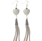 Long Style Heart Shape Howlite Dangle Leather Tassel Earrings with Gray Leather Tassel