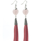 Long Style Heart Shape Rose Quartz Dangle Leather Tassel Earrings with Pink Leather Tassel