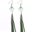Wholesale Long Style Heart Shape Rainbow Fluorite Dangle Leather Tassel Earrings with Green Leather Tassel