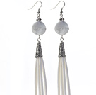 Long Style Round Shape Whirling Howlite Dangle Leather Tassel Earrings with White Leather Tassel