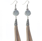 Long Style Round Shape Whirling Howlite Dangle Leather Tassel Earrings with Gray Leather Tassel