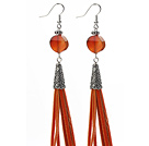 Discount Long Style Flat Round Shape Agate Dangle Leather Tassel Earrings with Reddish Brown Leather Tassel