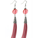 Wholesale Long Style Flat Round Shape Cherry Quartz Dangle Leather Tassel Earrings with Pink Leather Tassel