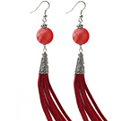 Long Style Flat Round Shape Red Shell Dangle Leather Tassel Earrings with Red Leather Tassel