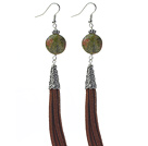 Wholesale Long Style Flat Round Shape Unakite Dangle Leather Tassel Earrings with Brown Leather Tassel