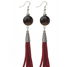 Wholesale Long Style Flat Round Shape Tiger Eye Dangle Leather Tassel Earrings with Red Leather Tassel