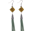 Discount Long Style Rhombus Shape Olive Jade Dangle Leather Tassel Earrings with Green Leather Tassel