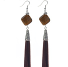 Wholesale Long Style Rhombus Shape Tiger Eye Dangle Leather Tassel Earrings with Dark Brown Leather Tassel