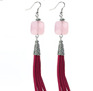 Long Style Square Shape Rose Quartz Dangle Leather Tassel Earrings with Red Leather Tassel