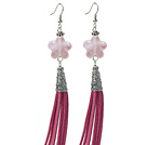 Wholesale Long Style Star Shape Rose Quartz Dangle Leather Tassel Earrings with Pink Leather Tassel