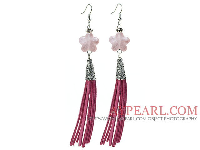 Long Style Star Shape Rose Quartz Dangle Leather Tassel Earrings with Pink Leather Tassel