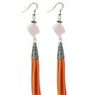 Wholesale Long Style Cube Shape Rose Quartz Dangle Leather Tassel Earrings with Orange Leather Tassel