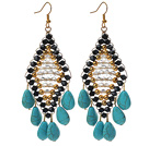 Black and Golden Color Crystal and Teardrop Shape Turquoise Earrings