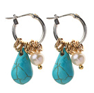 White Freshwater Pearl and Teardrop Shape Turquoise Earrings