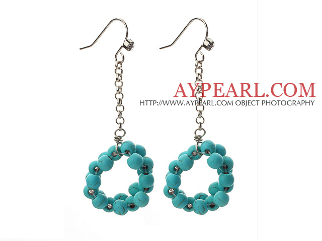 Dangle Style Ring Shape Turquoise Long Earrings with Metal Chain