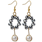 New Design White Freshwater Pearl and Tungsten Steel Color Crystal Dangle Earrings