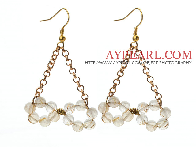 Triangle Shape Rutilated Quartz Earrings with Golden Color Metal Chain