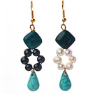 fashion white black freshwater pearl rhombus phoenix stone and teardrop turquoise dangle earrings