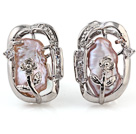Beautiful Natural Pink Biwa Pearl And Flower Rhinestone Charm Ear Studs