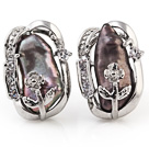 Beautiful Natural Purple Biwa Pearl And Flower Rhinestone Charm Ear Studs