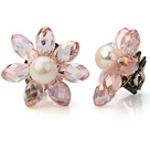 Natural White Freshwater Pearl And Faceted Manmade Crystal Flower Clip-On Ear Studs
