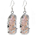 Classic Natural Pink Biwa Pearl Rhinestone Charm Dangle Earrings With Fish Hook