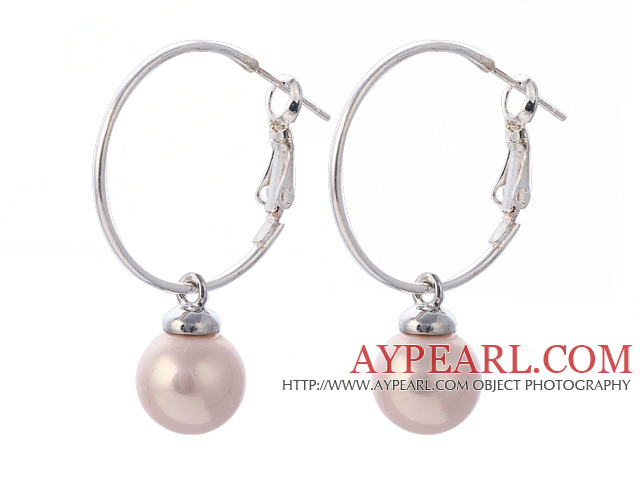 Fashion 10mm Round Pink Seashell Beads Dangle Earrings With Large Hoop Earwires